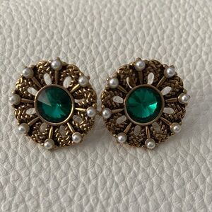 Vintage Czech glass pierced earrings - green glass cabochons and faux pearls.